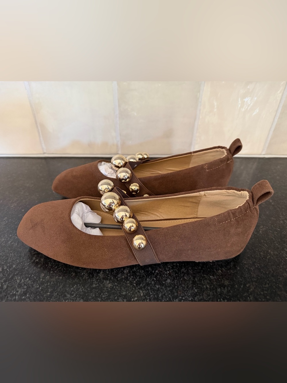 Womens Brown Suede Loafers with Gold Stud Detail